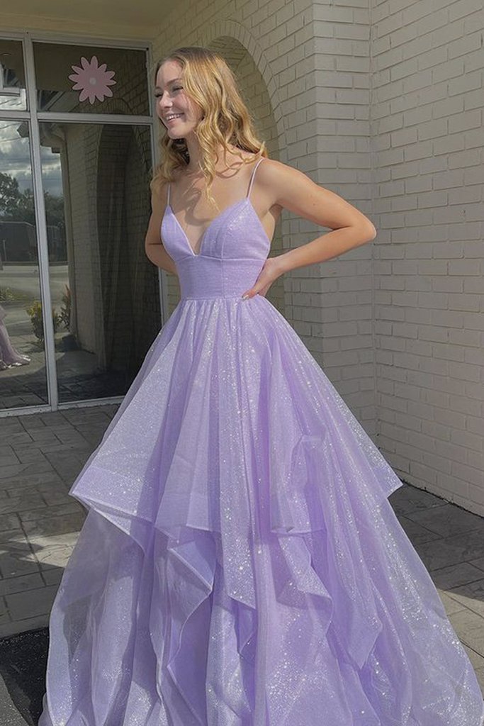 Shiny V Neck Fluffy Purple Long Prom ...